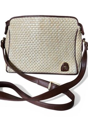 Vintage Etienne Aigner Woven Straw & Vegan Leather Crossbody Bag
